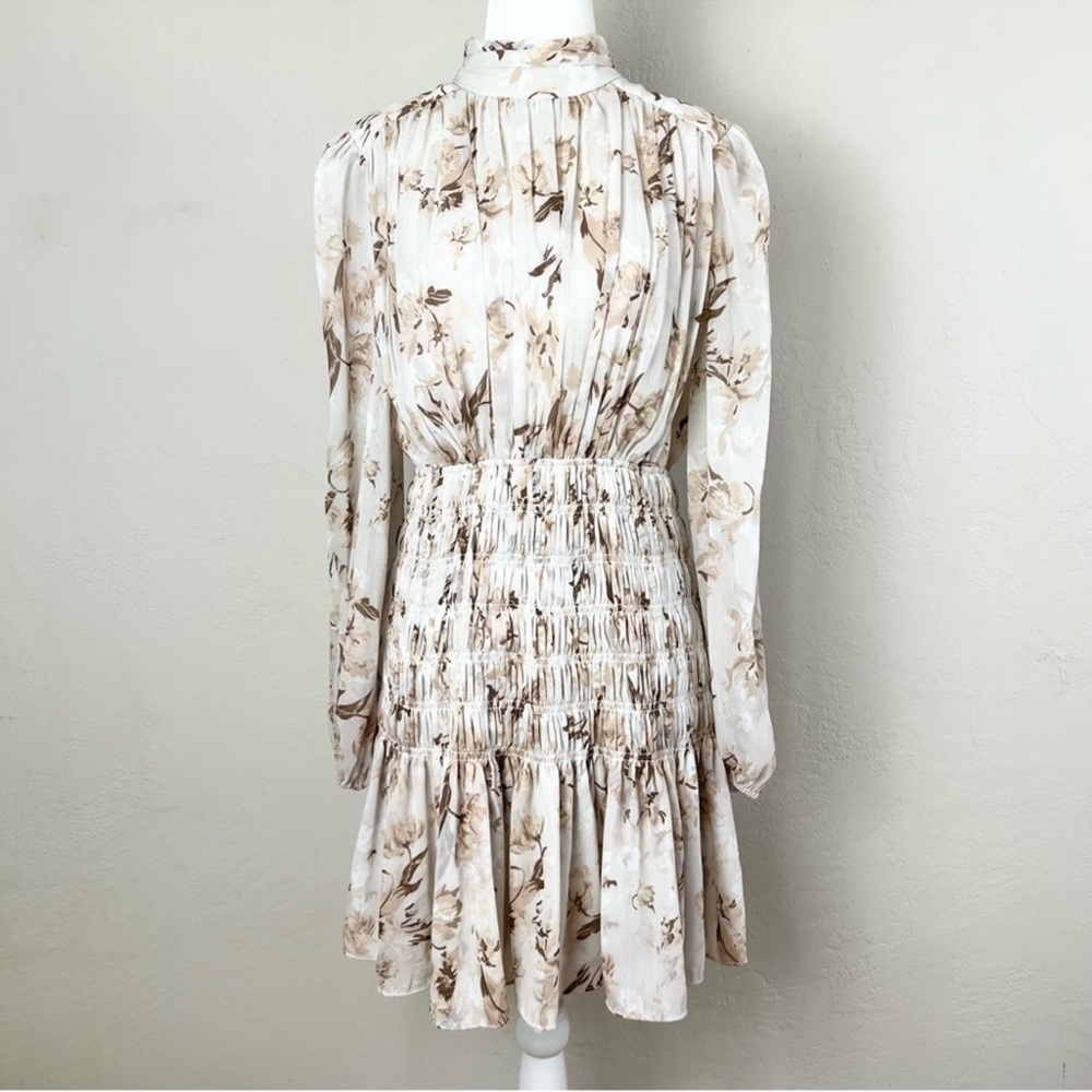 House of Harlow 1960 Smocked Mini Dress Ruffle Skirt Neutrals Floral Size M
